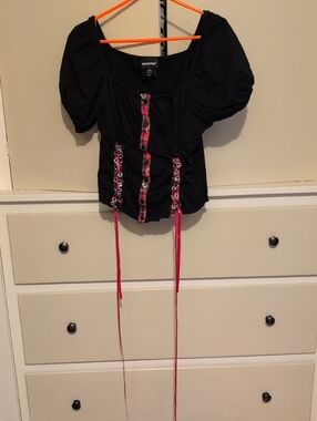 monster high Black Puff Sleeve Crop Top with Pink Plaid Trim and Ribbon Lacing